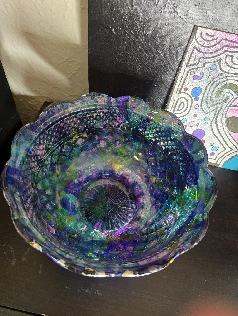 HANDCRAFTED Upcycled Glass Bowl HANDPAINTED Decorative Etched Glass Bowl W Stem